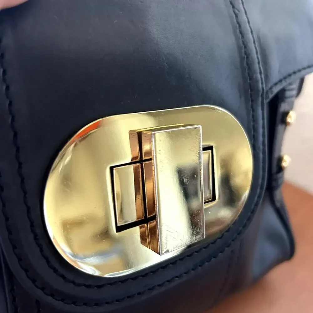 Badgley Mischka Keyra Satchel Black Leather Gold Turnlock Classic Handbag